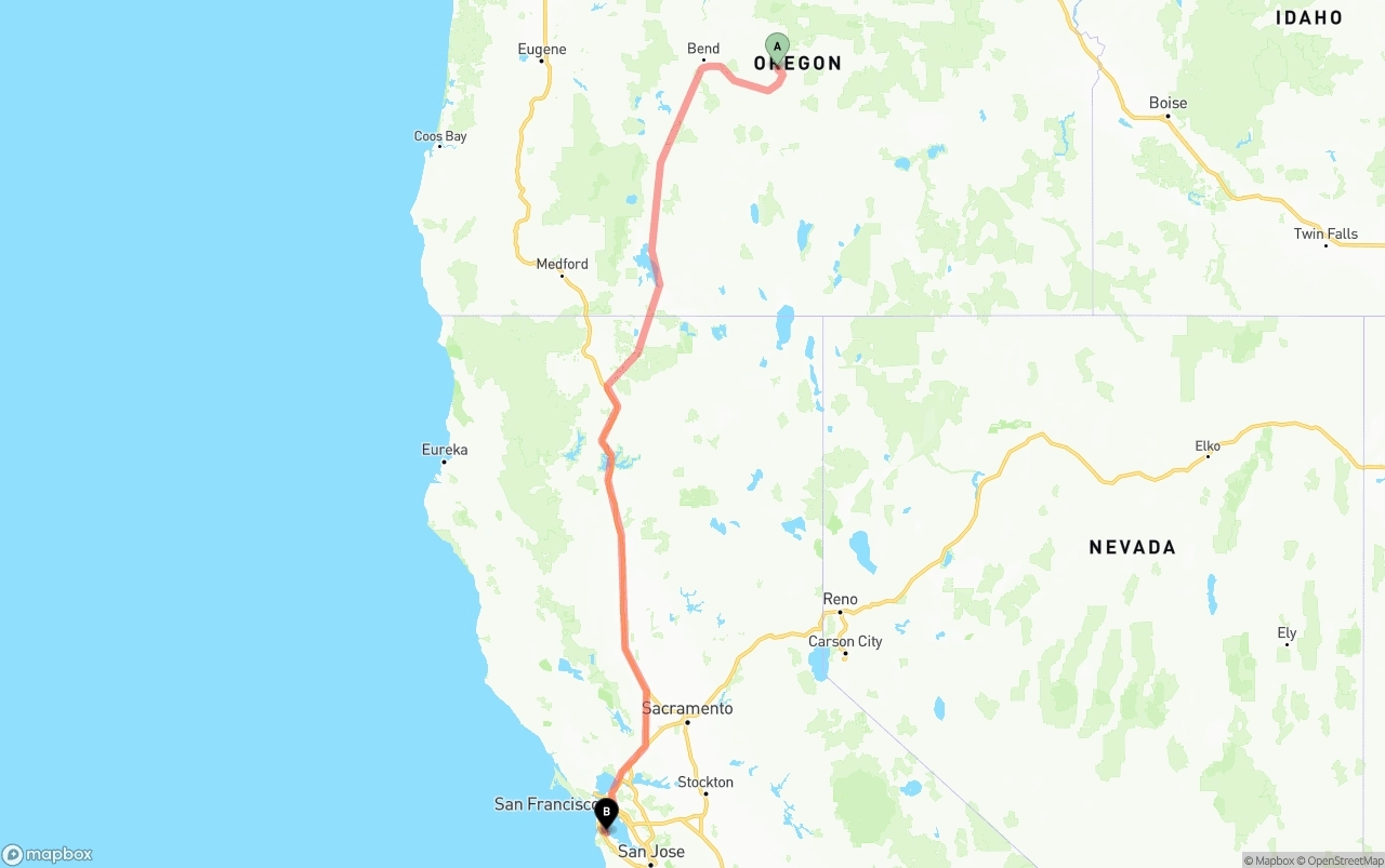 Shipping route from Oregon to San Francisco International Airport