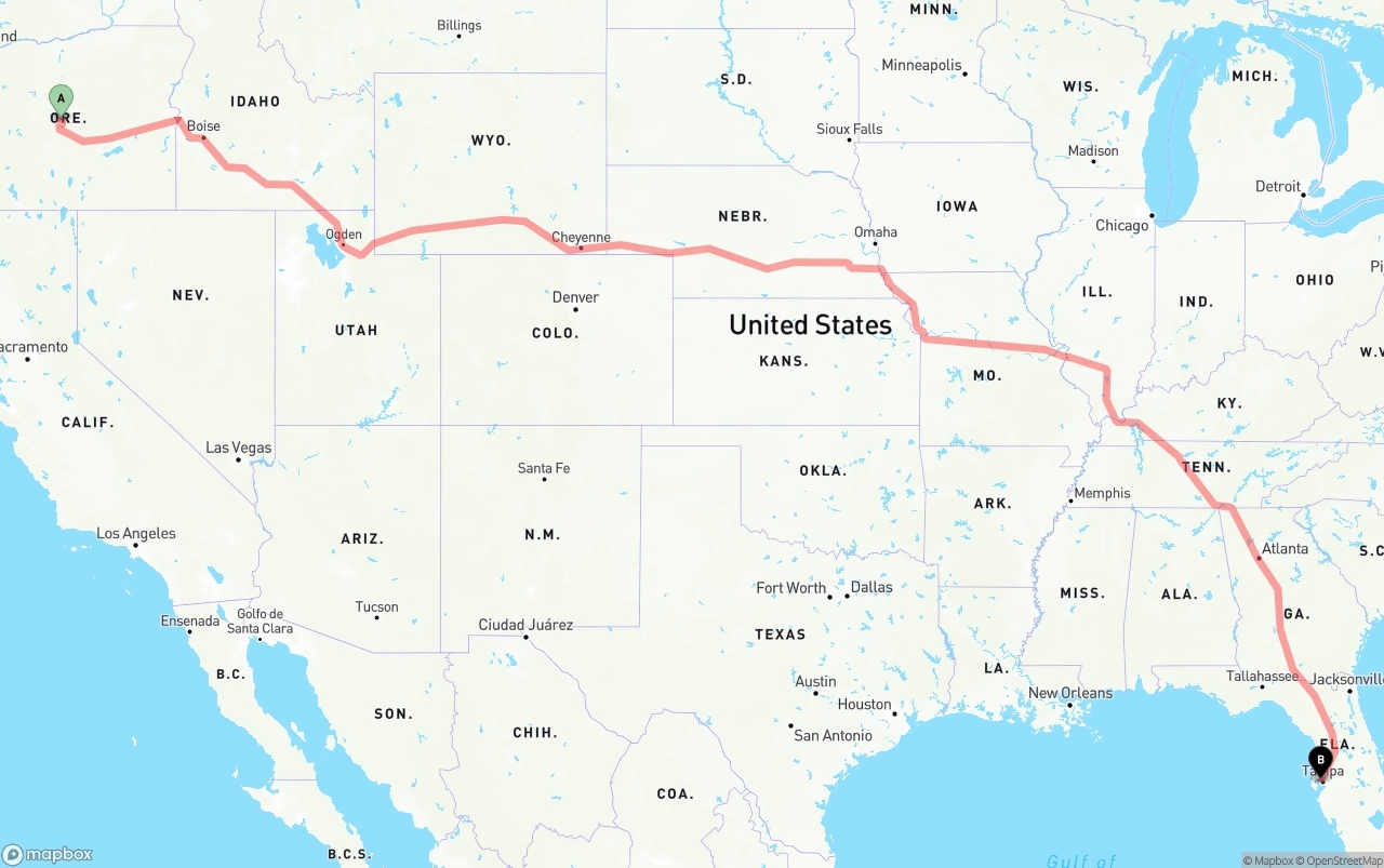 Shipping route from Oregon to Tampa International Airport