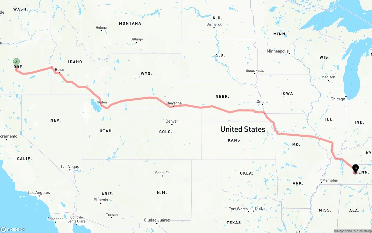 Shipping route from Oregon to Tennessee