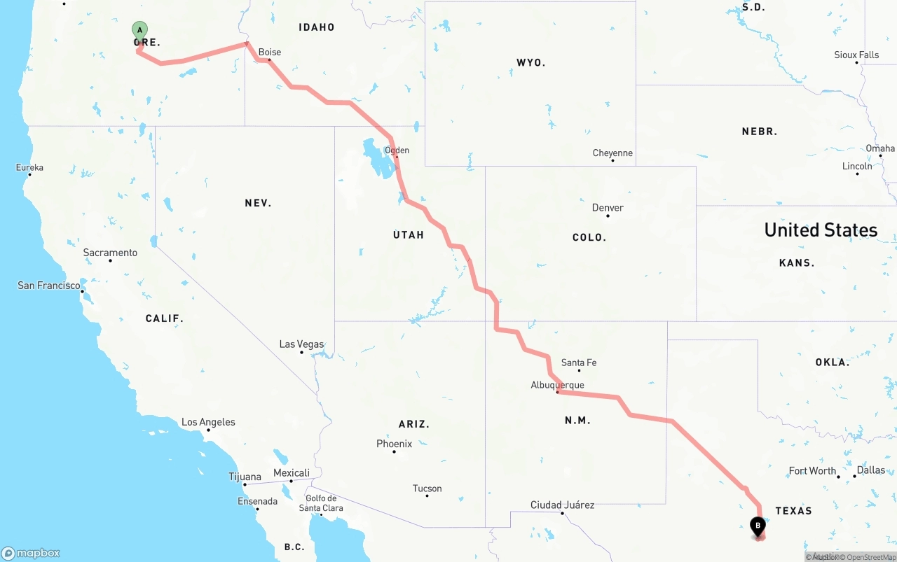Shipping route from Oregon to Texas