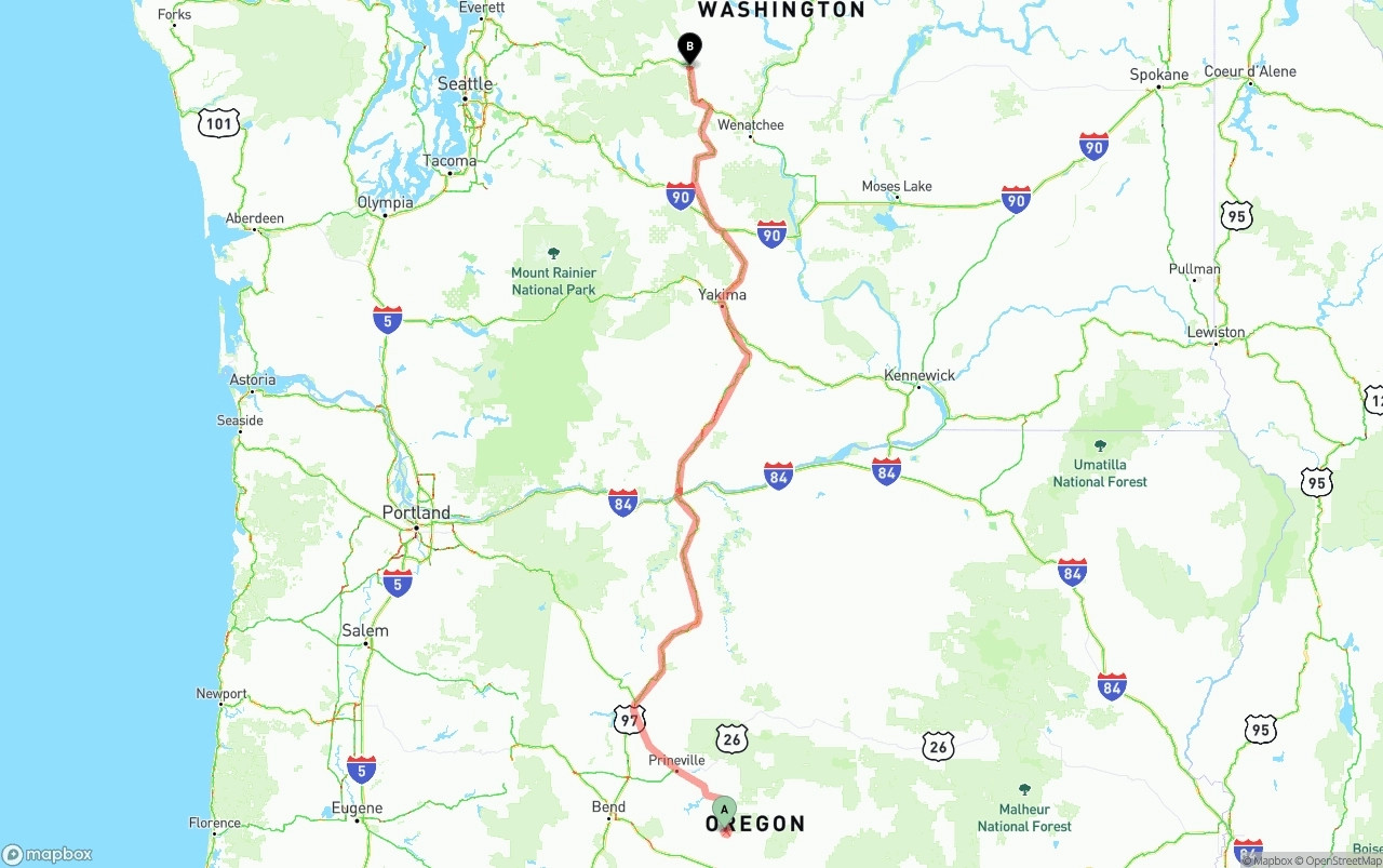 Shipping route from Oregon to Washington