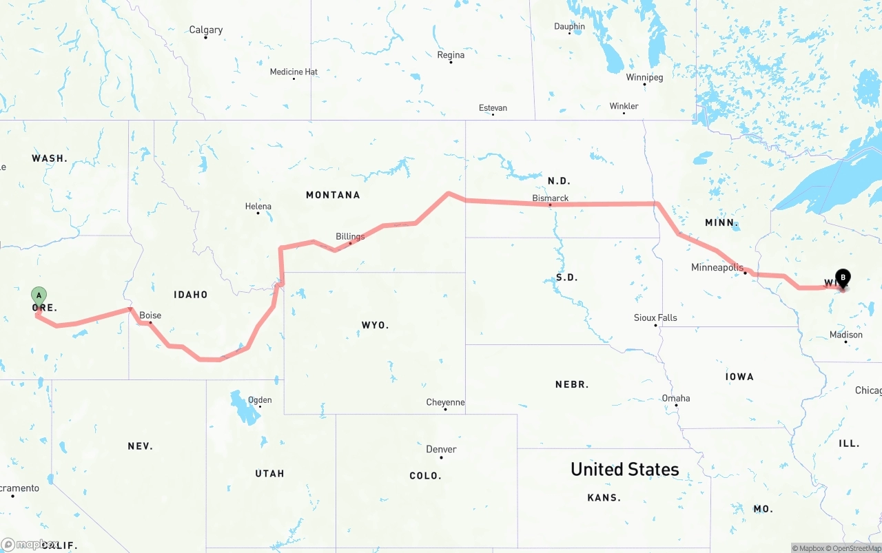 Shipping route from Oregon to Wisconsin