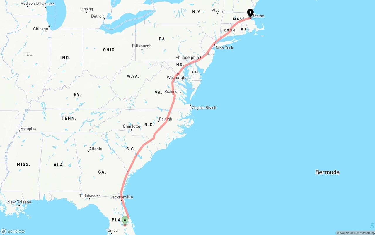 Shipping route from Orlando to Boston
