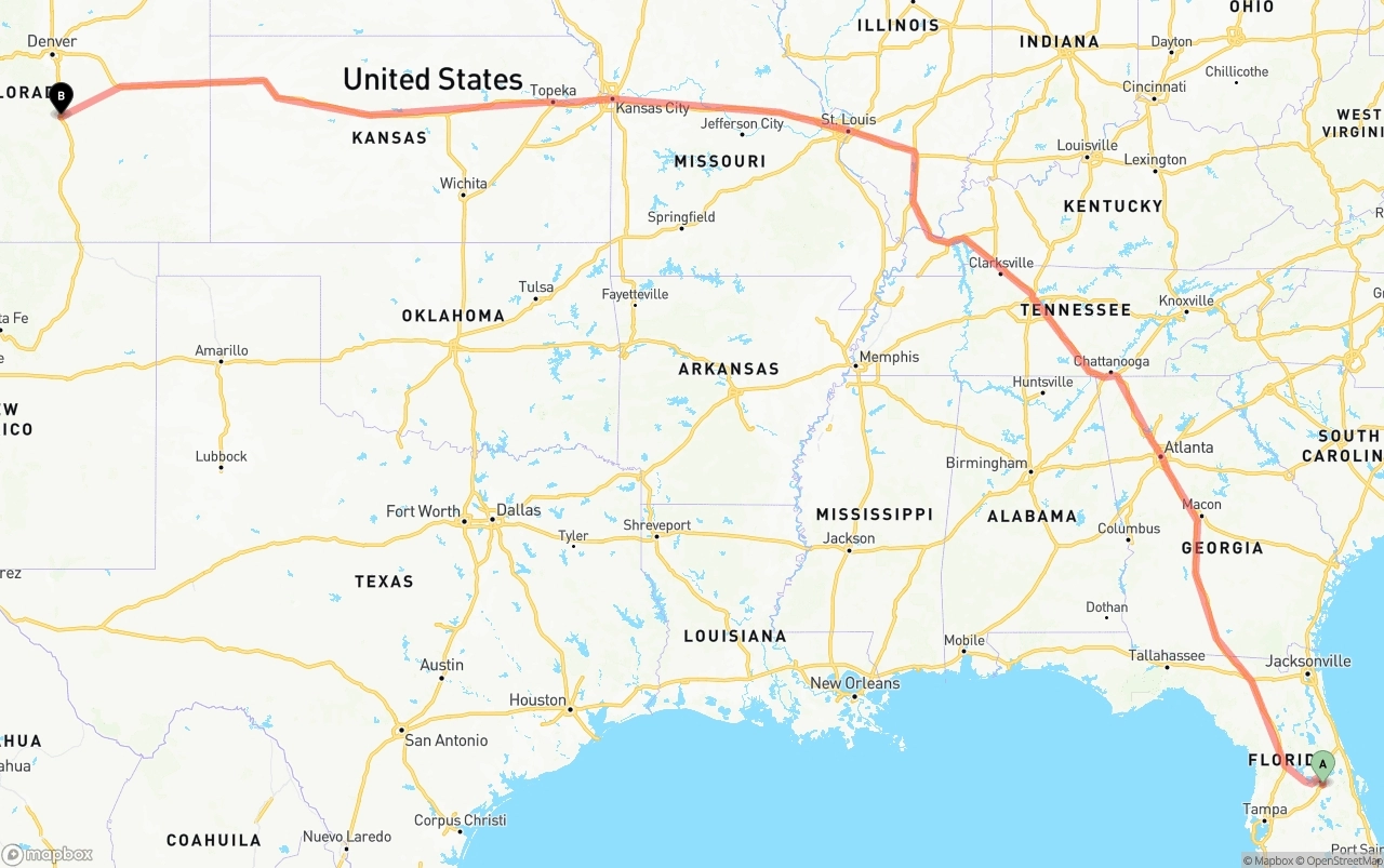 Shipping route from Orlando to Colorado Springs