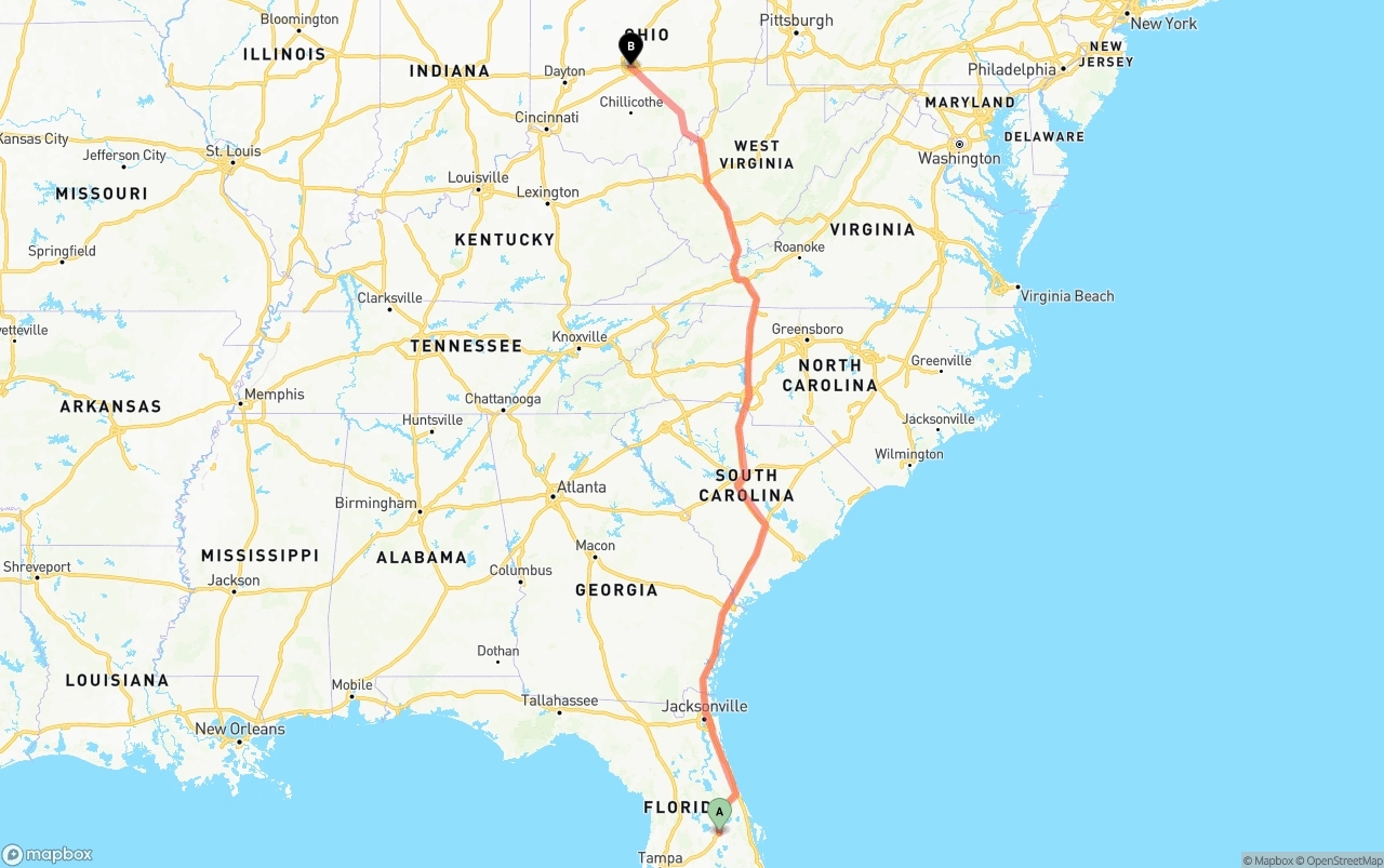 Shipping route from Orlando to Columbus