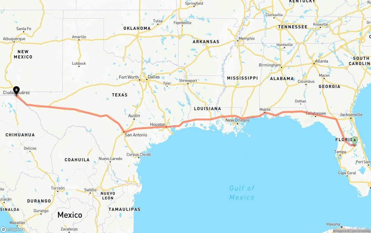 Shipping route from Orlando to El Paso
