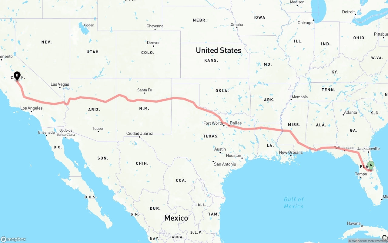 Shipping route from Orlando to Fresno