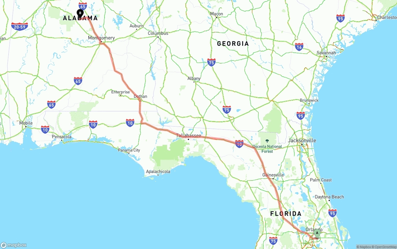 Shipping route from Orlando International Airport to Alabama