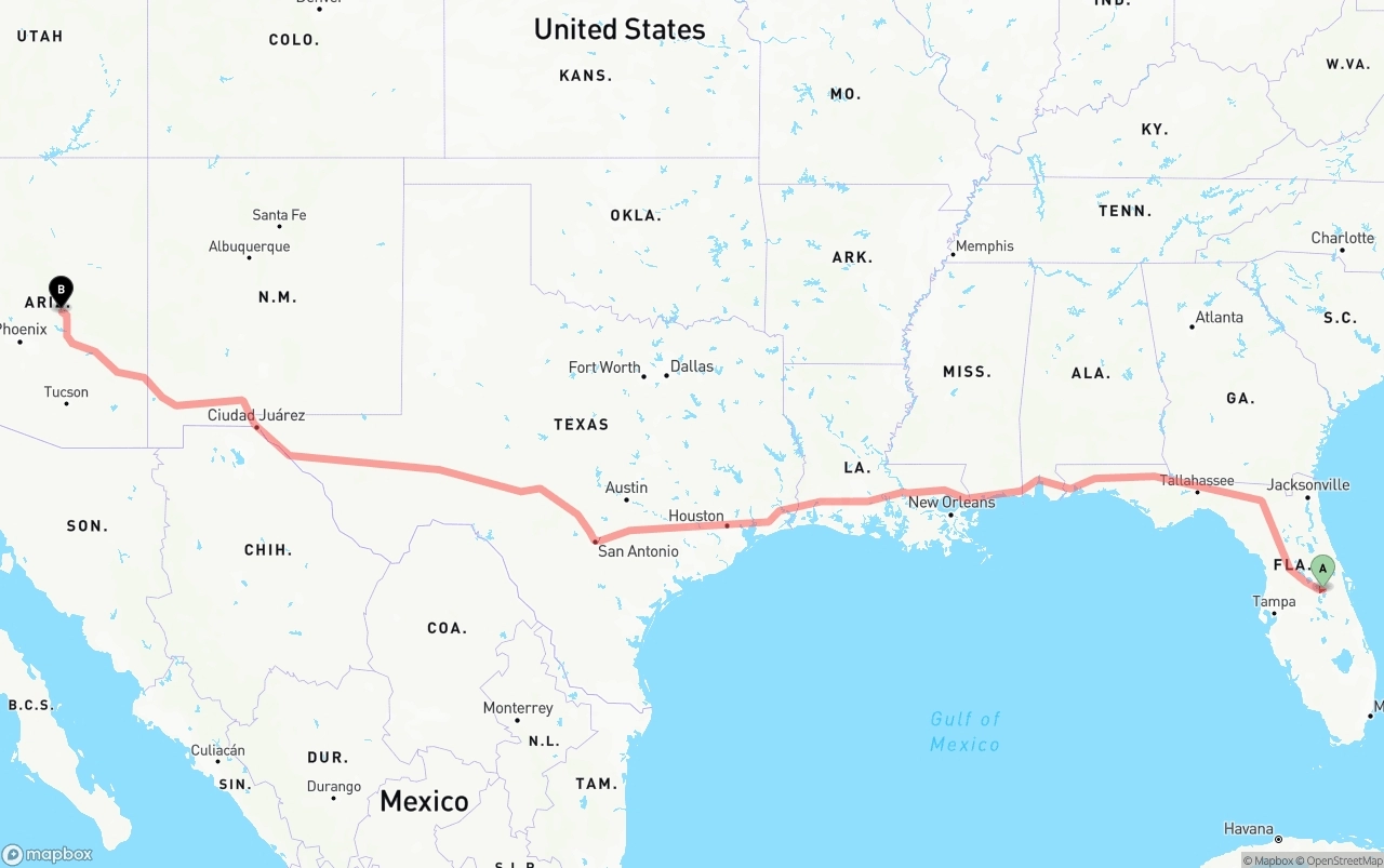 Shipping route from Orlando International Airport to Arizona