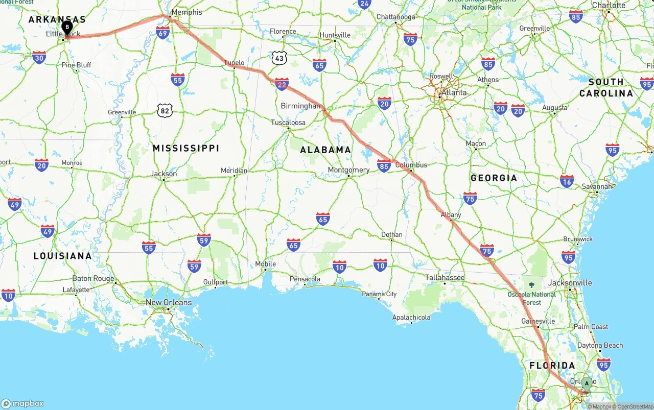 Shipping route from Orlando International Airport to Arkansas