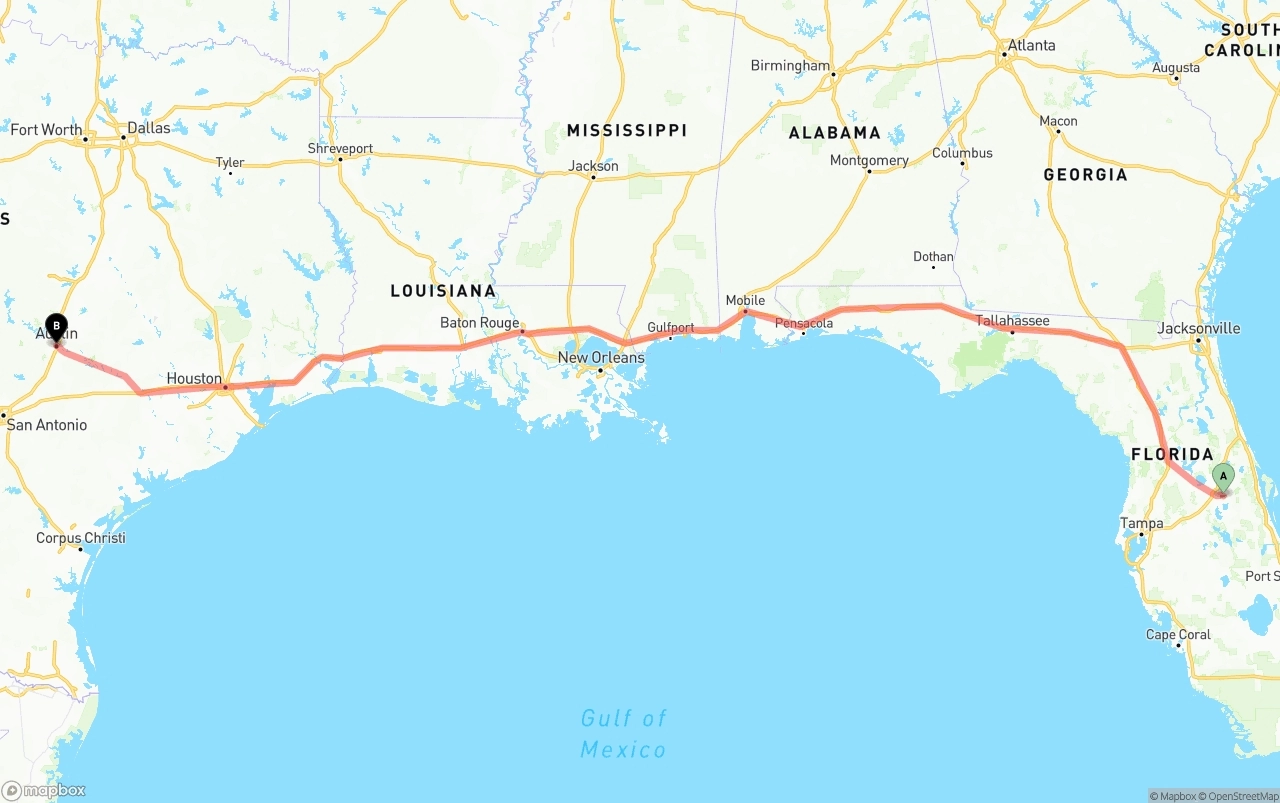 Shipping route from Orlando International Airport to Austin