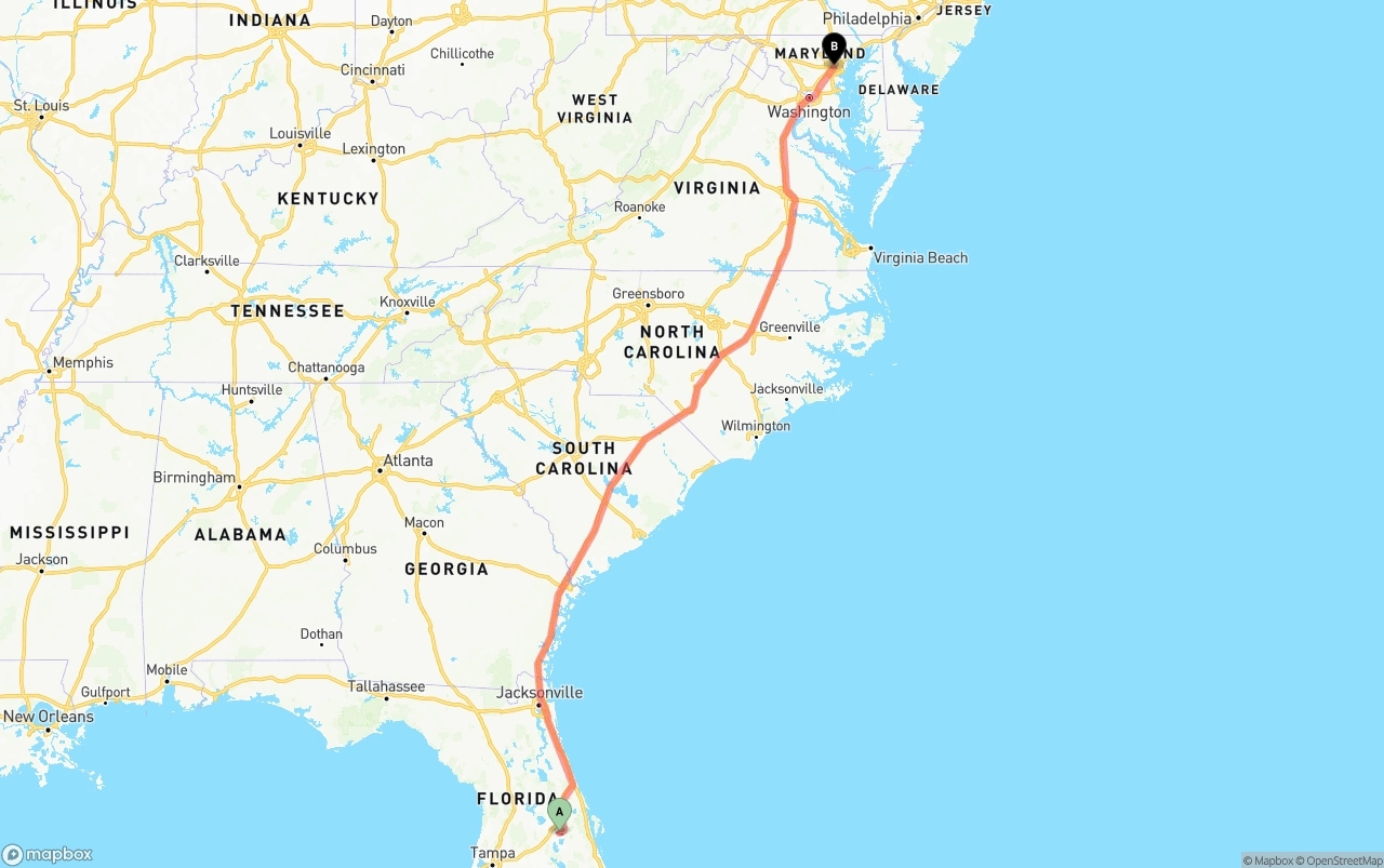 Shipping route from Orlando International Airport to Baltimore