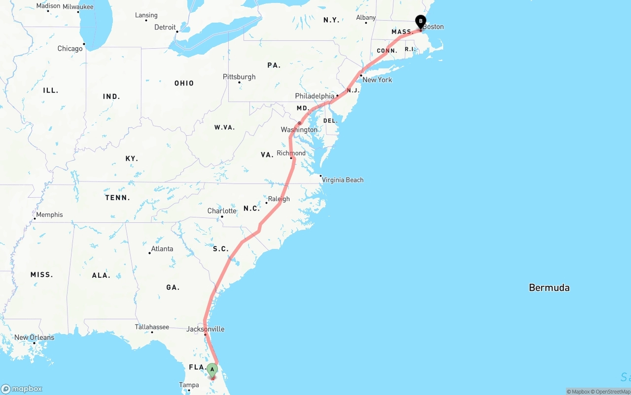 Shipping route from Orlando International Airport to Boston