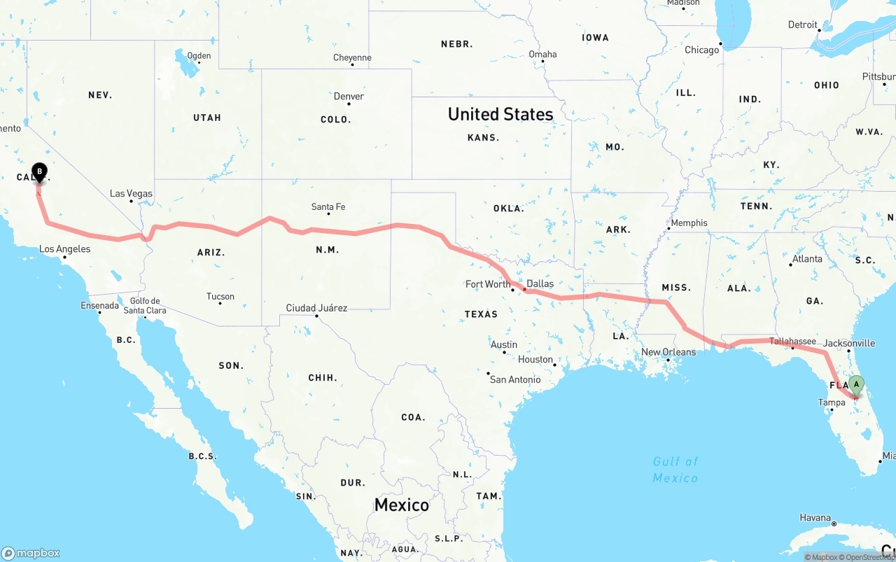 Shipping route from Orlando International Airport to California