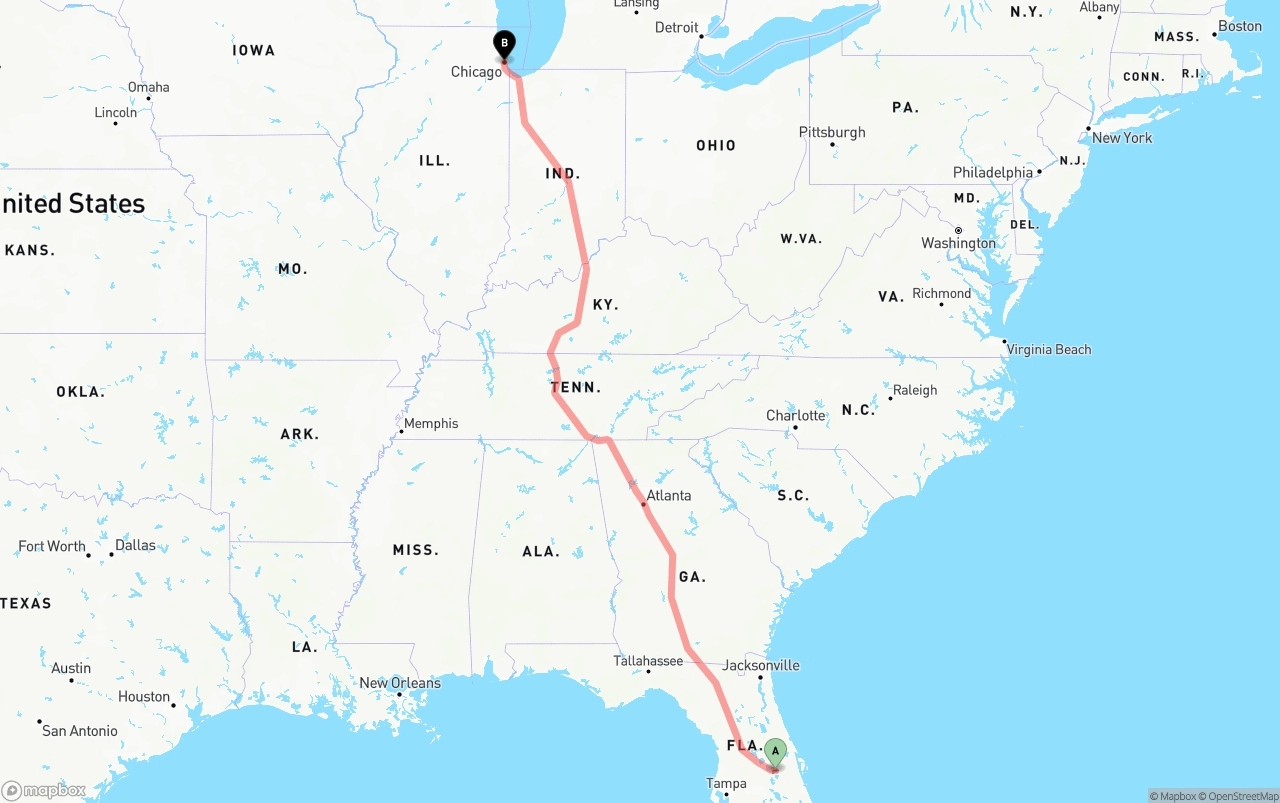 Shipping route from Orlando International Airport to Chicago