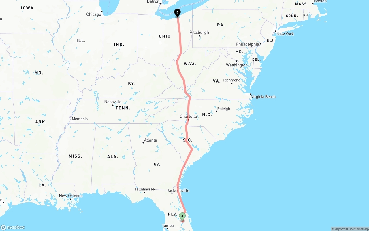 Shipping route from Orlando International Airport to Cleveland