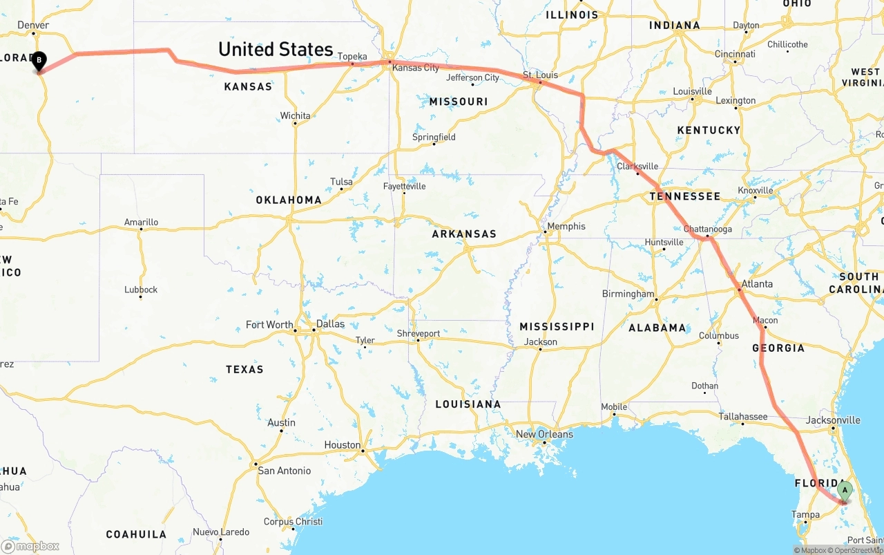 Shipping route from Orlando International Airport to Colorado Springs