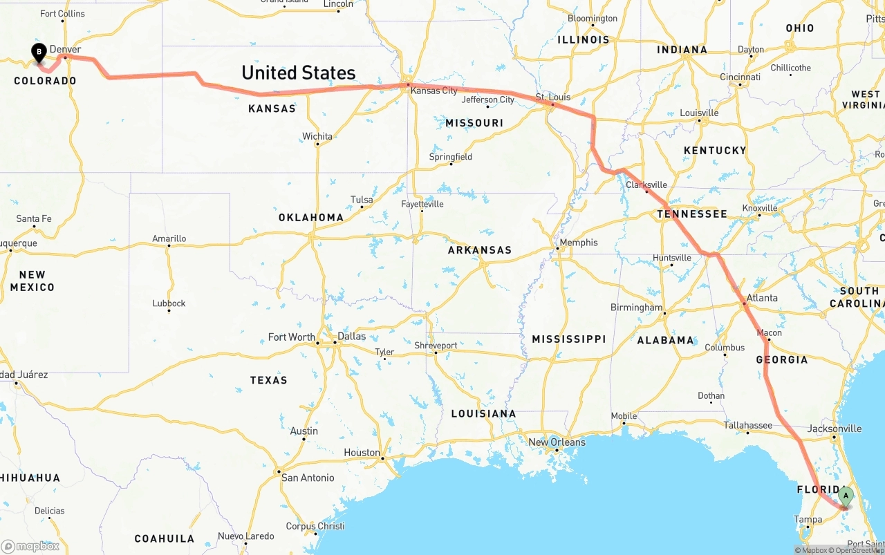 Shipping route from Orlando International Airport to Colorado