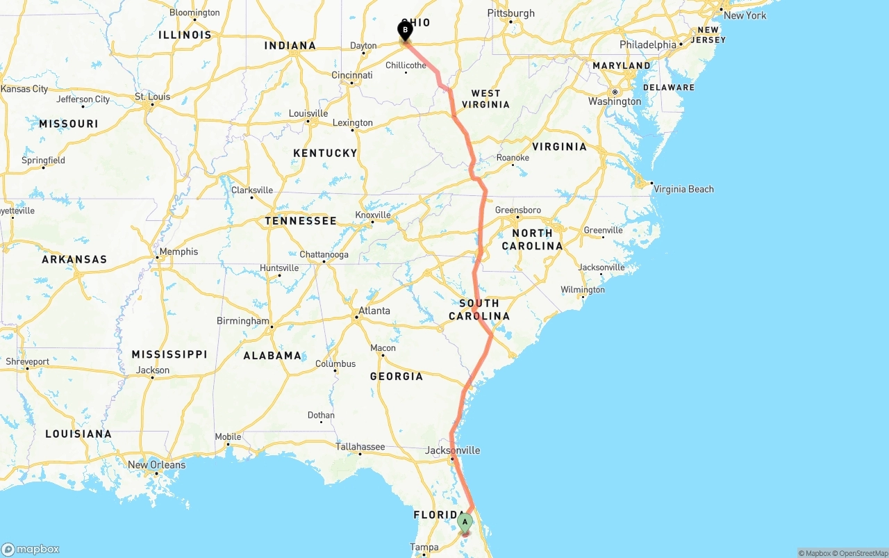 Shipping route from Orlando International Airport to Columbus
