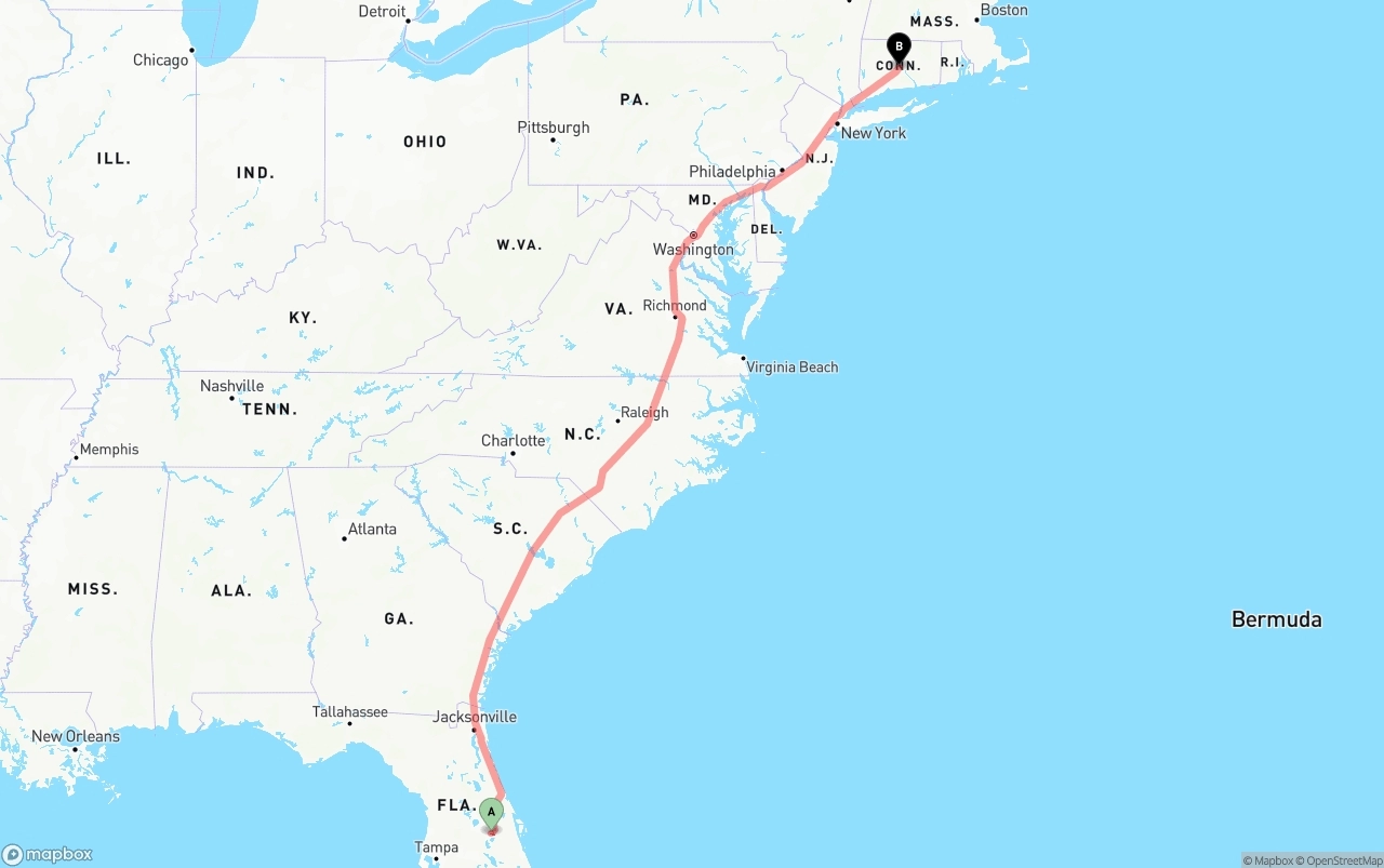 Shipping route from Orlando International Airport to Connecticut
