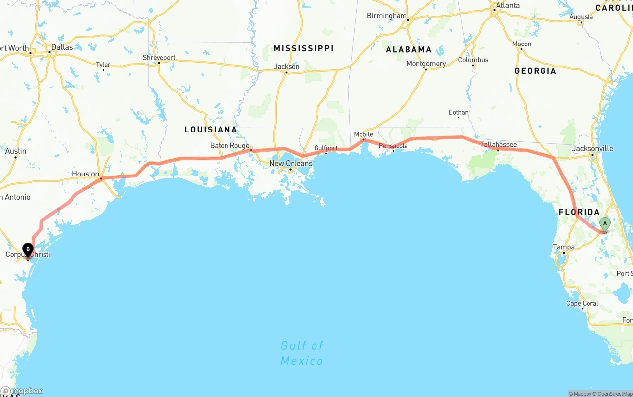 Shipping route from Orlando International Airport to Corpus Christi