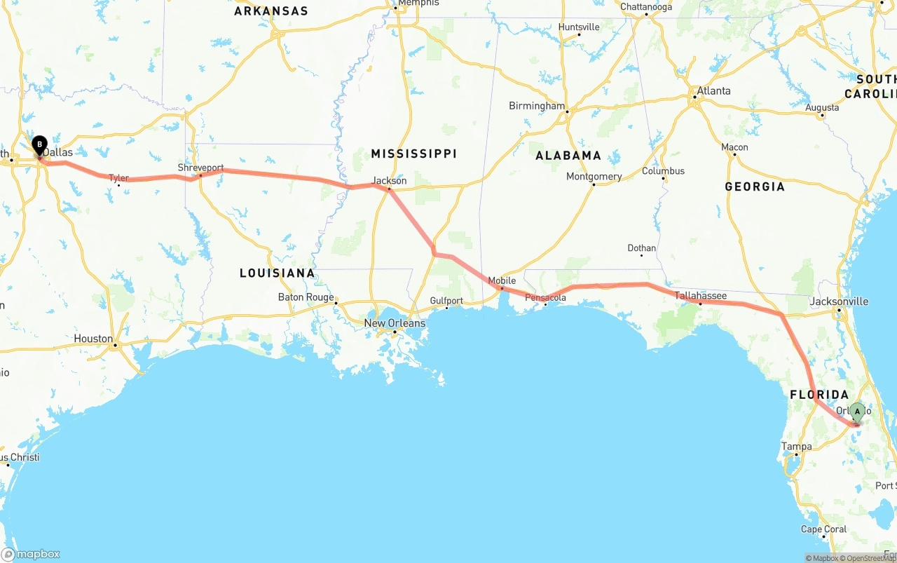 Shipping route from Orlando International Airport to Dallas
