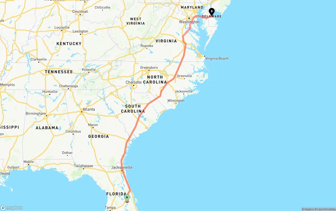Shipping route from Orlando International Airport to Delaware