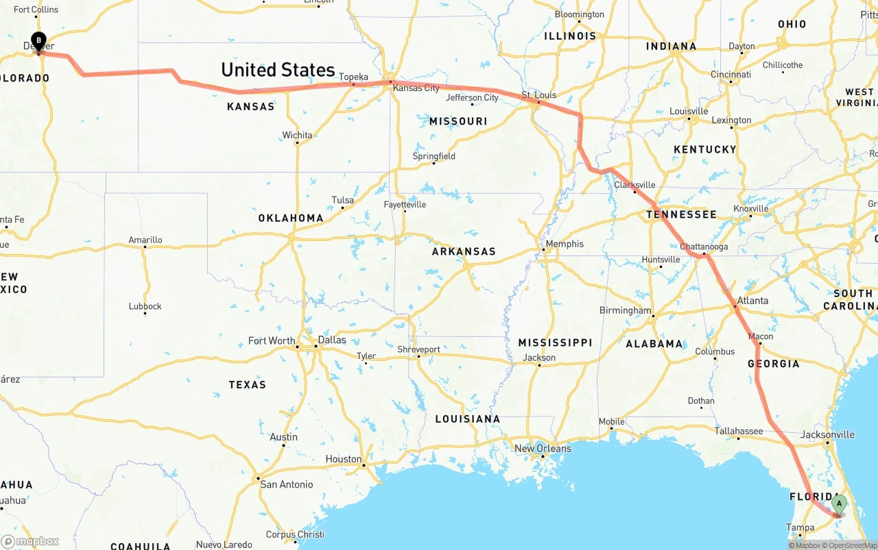 Shipping route from Orlando International Airport to Denver