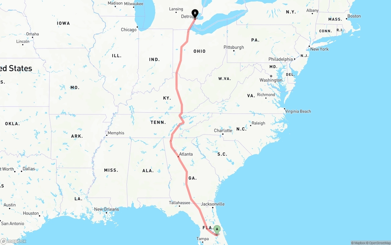 Shipping route from Orlando International Airport to Detroit