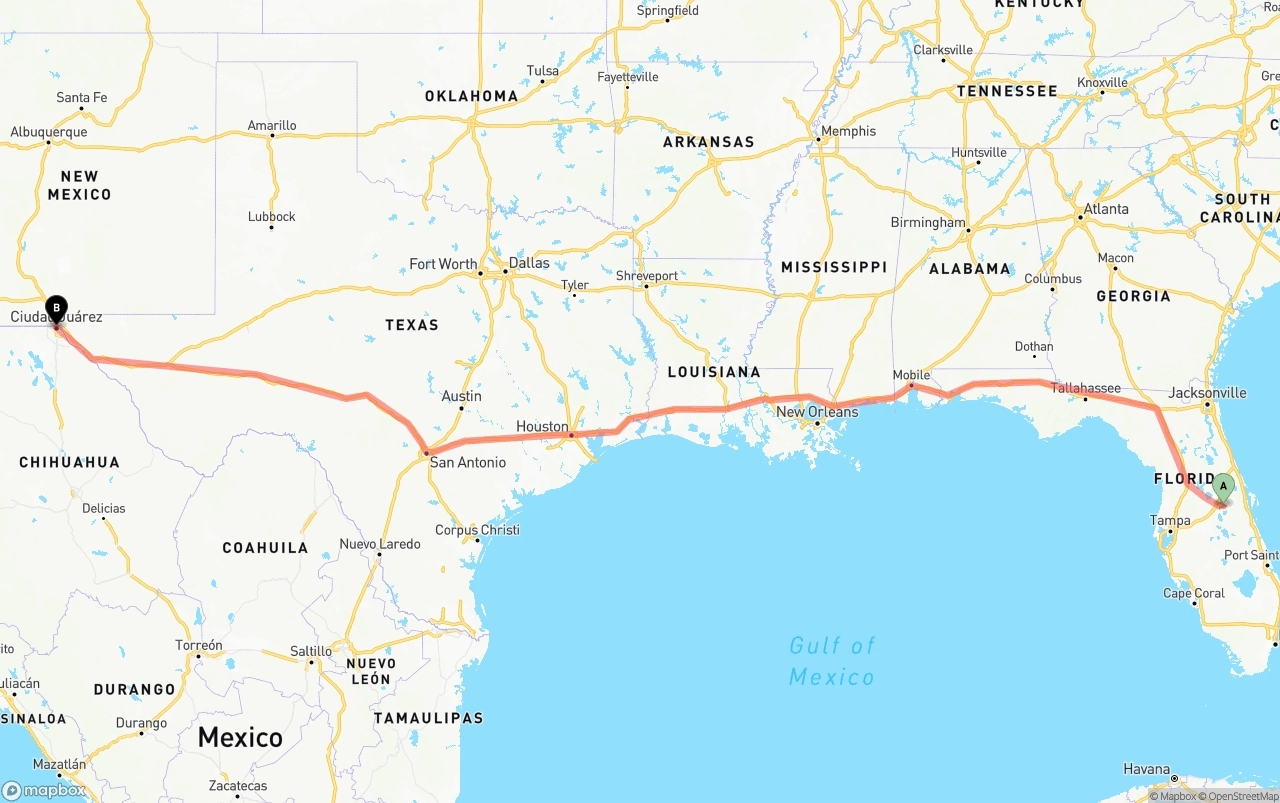 Shipping route from Orlando International Airport to El Paso