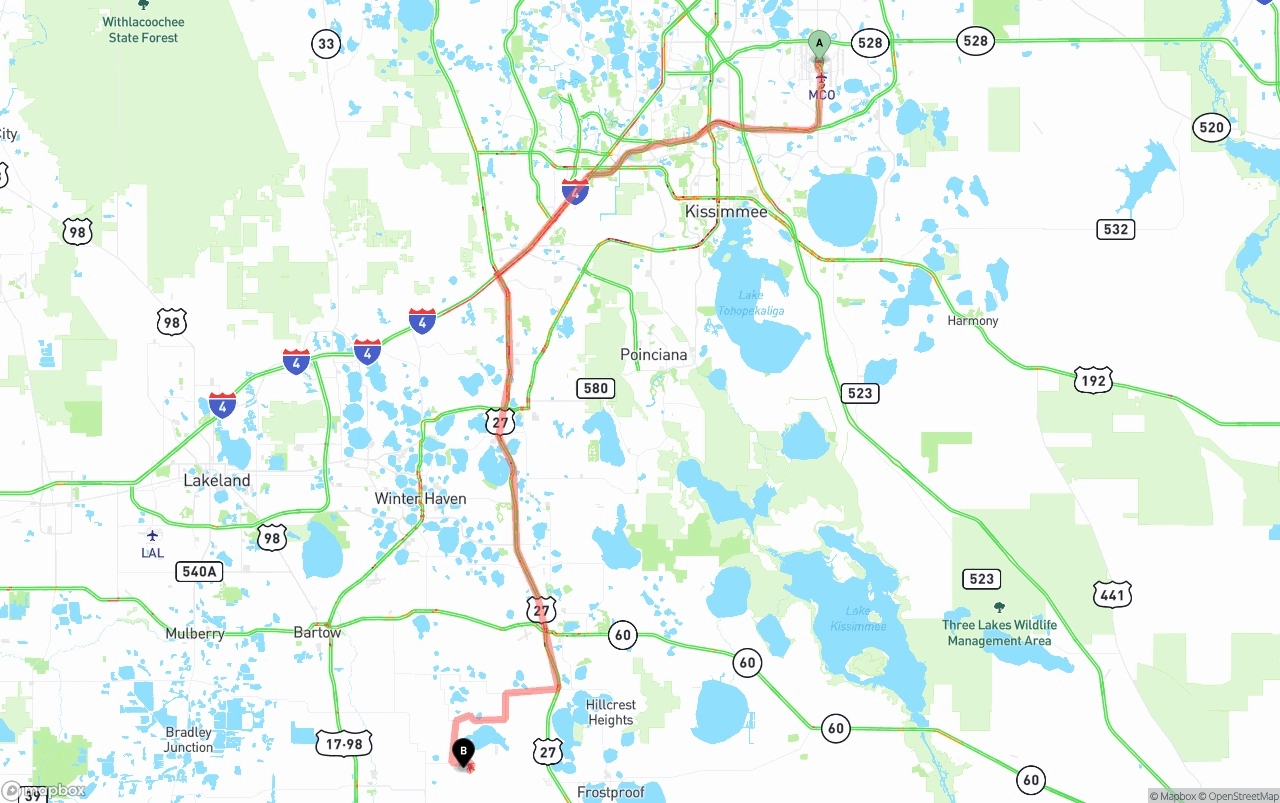 Shipping route from Orlando International Airport to Florida