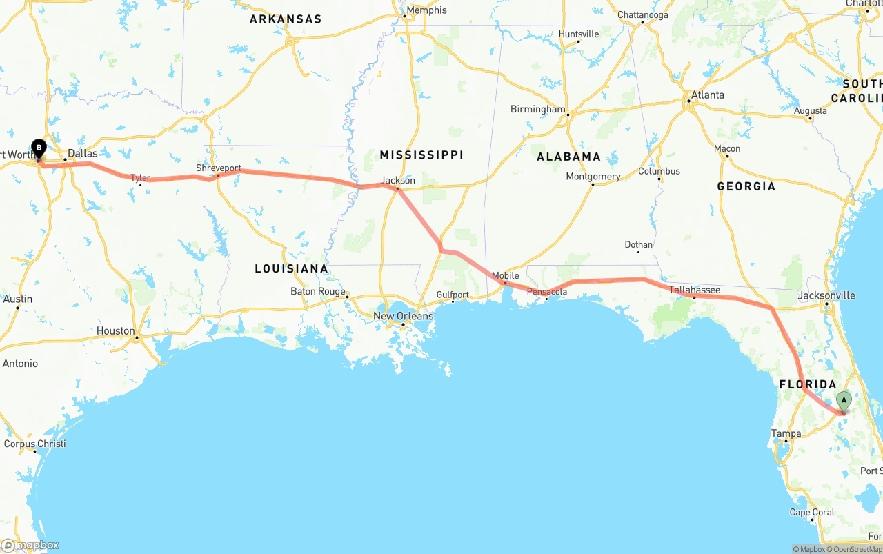 Shipping route from Orlando International Airport to Fort Worth