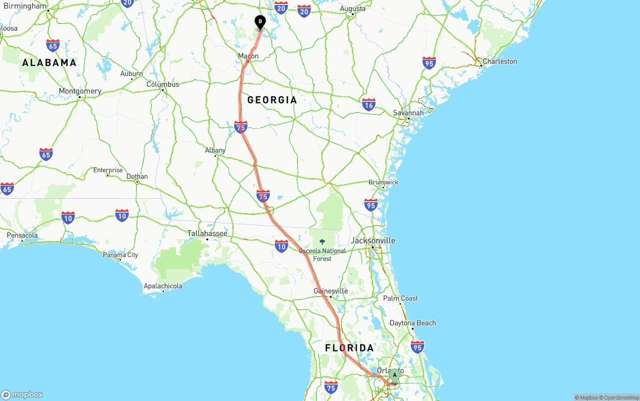 Shipping route from Orlando International Airport to Georgia