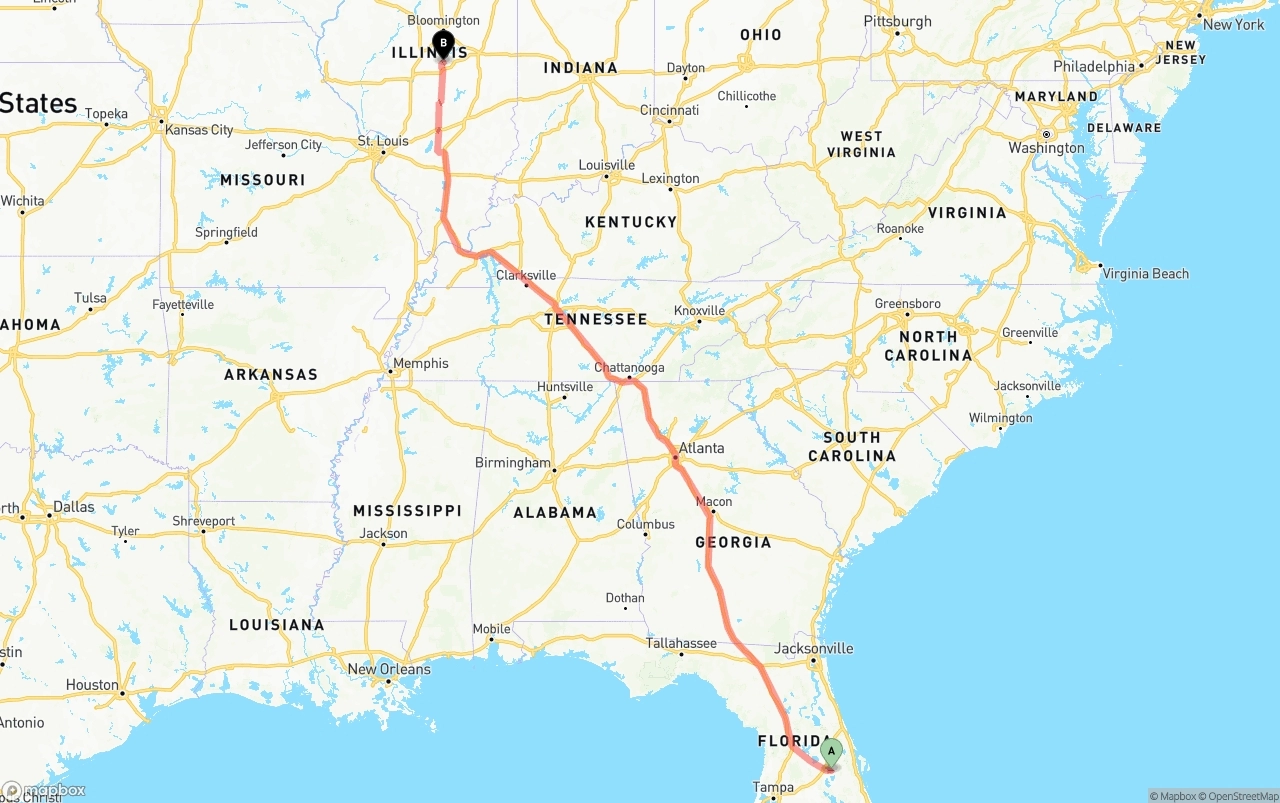Shipping route from Orlando International Airport to Illinois
