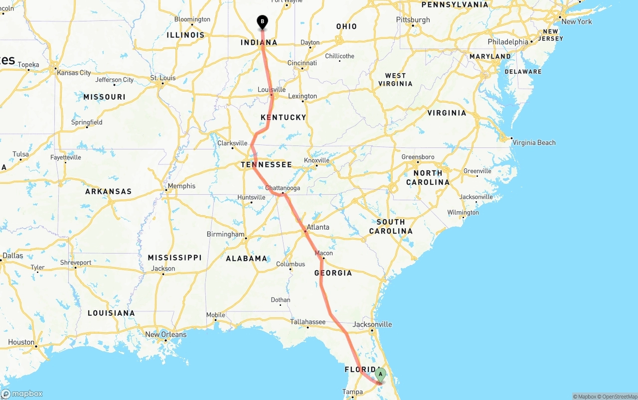 Shipping route from Orlando International Airport to Indiana