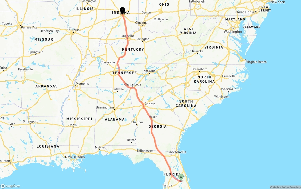 Shipping route from Orlando International Airport to Indianapolis