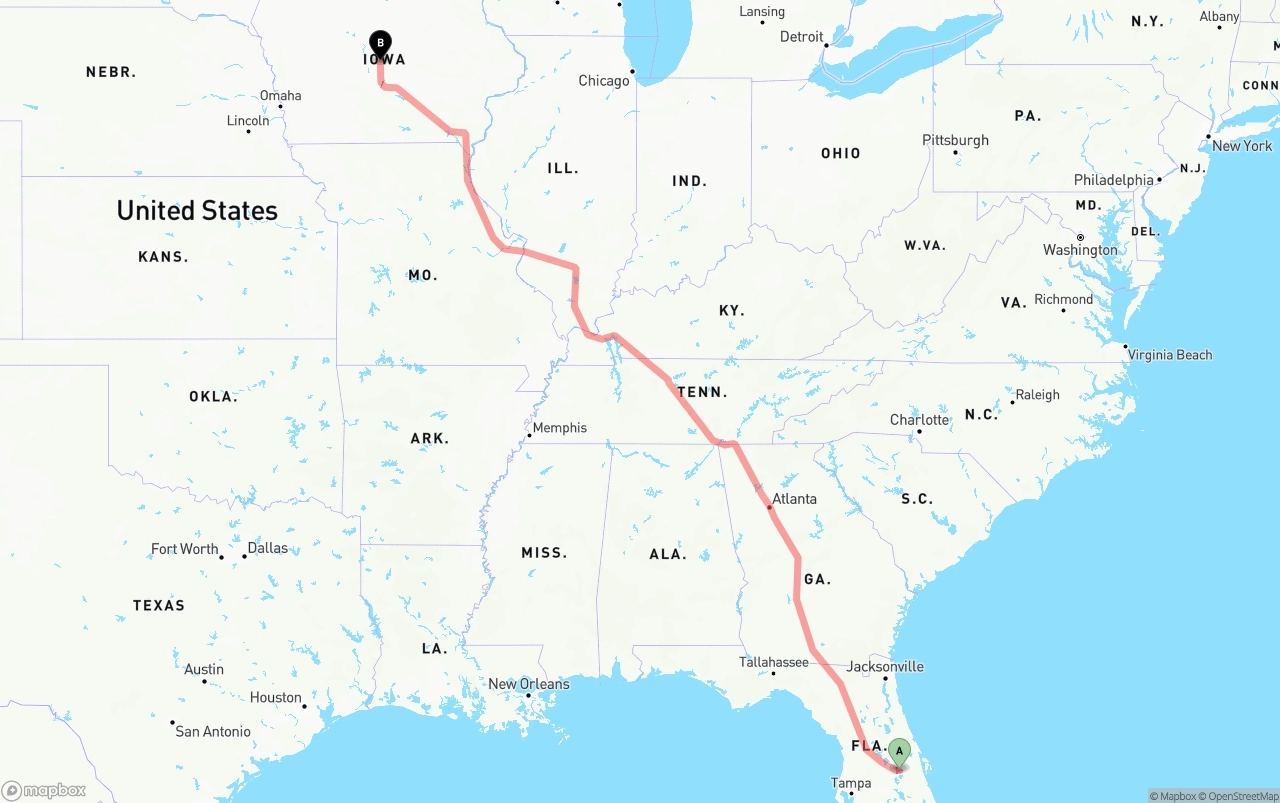 Shipping route from Orlando International Airport to Iowa