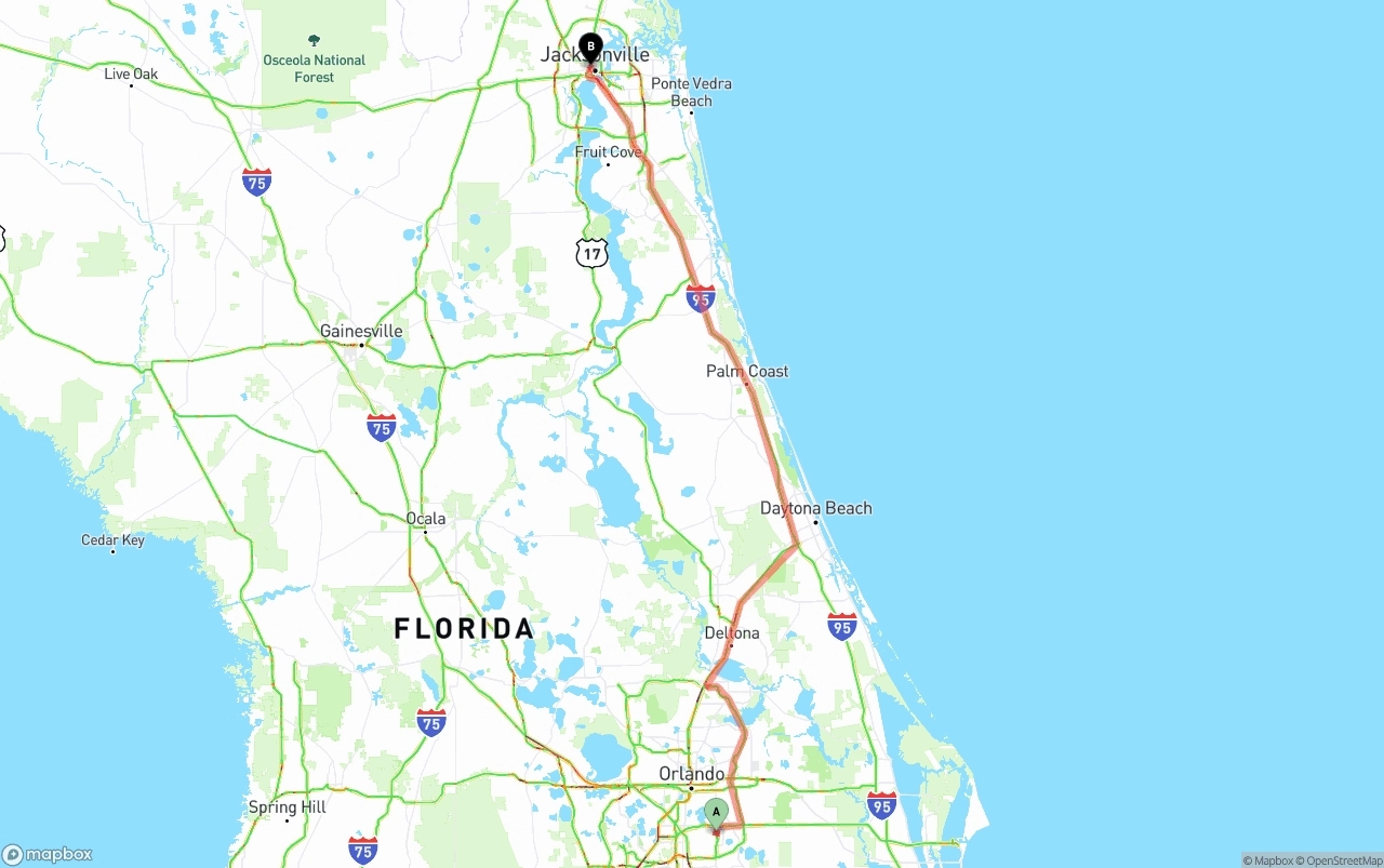 Shipping route from Orlando International Airport to Jacksonville