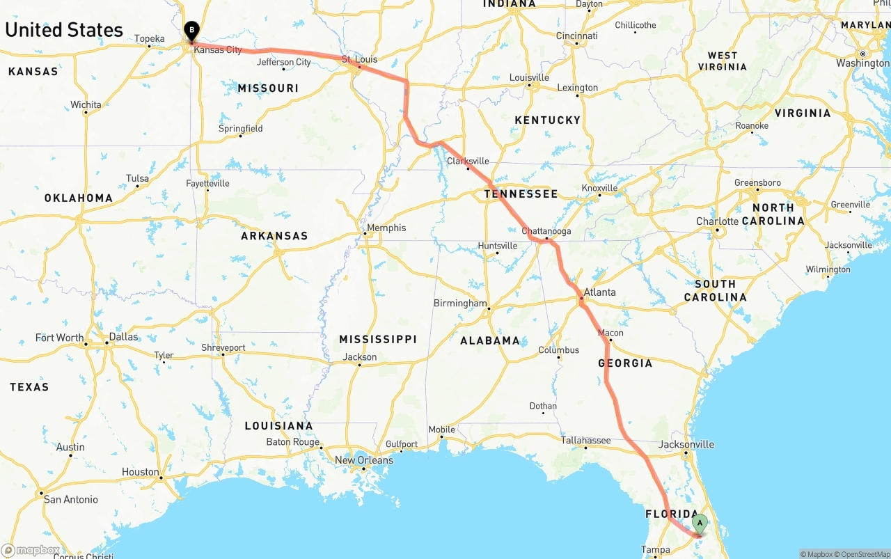 Shipping route from Orlando International Airport to Kansas City
