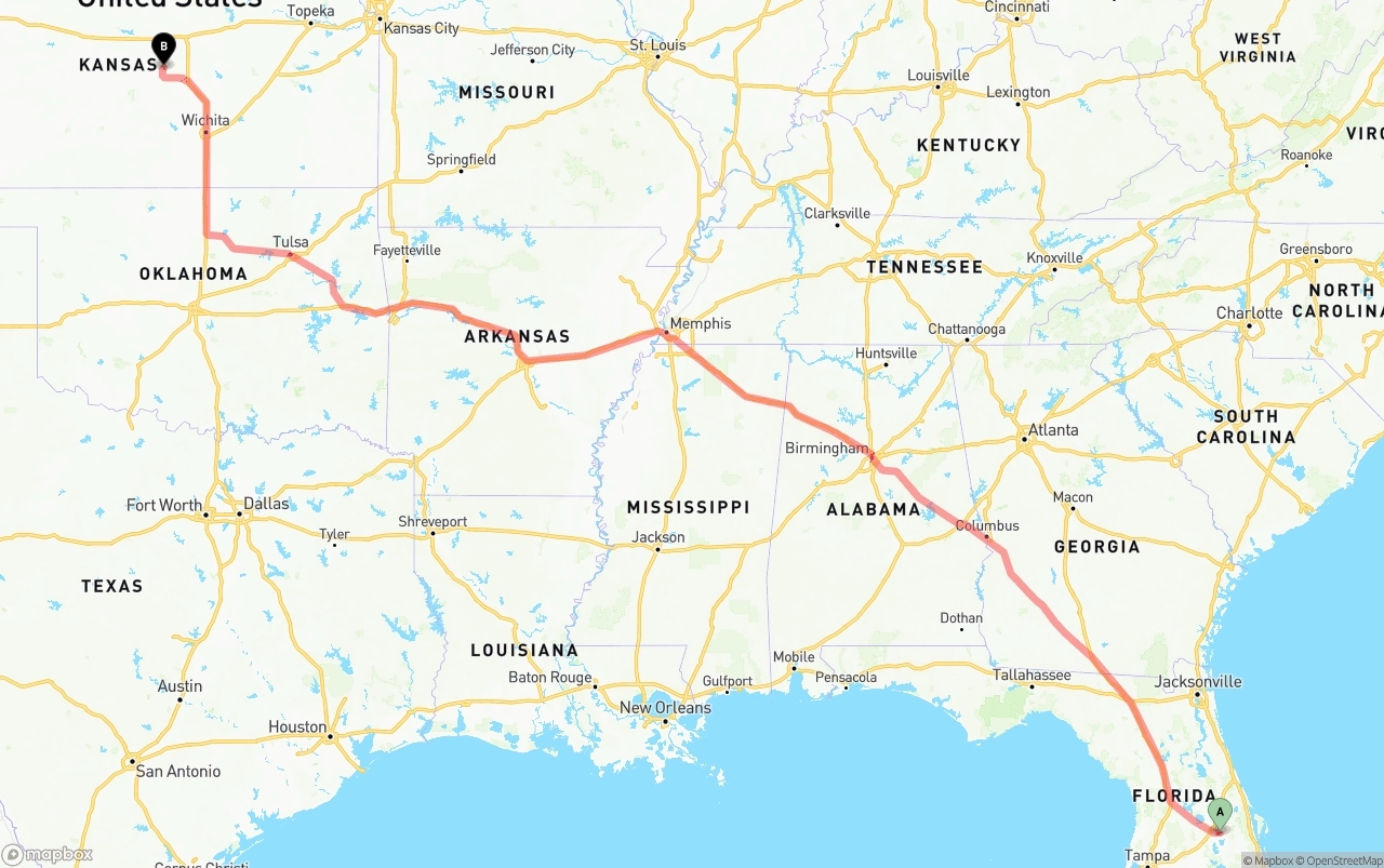 Shipping route from Orlando International Airport to Kansas