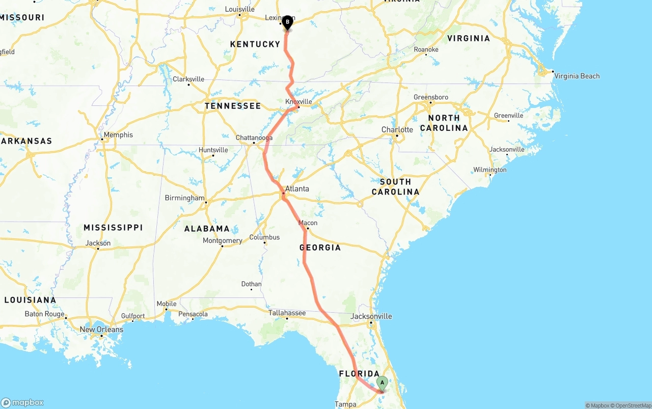 Shipping route from Orlando International Airport to Kentucky
