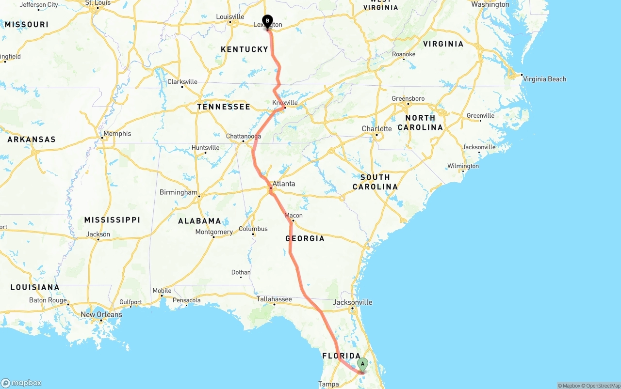 Shipping route from Orlando International Airport to Lexington