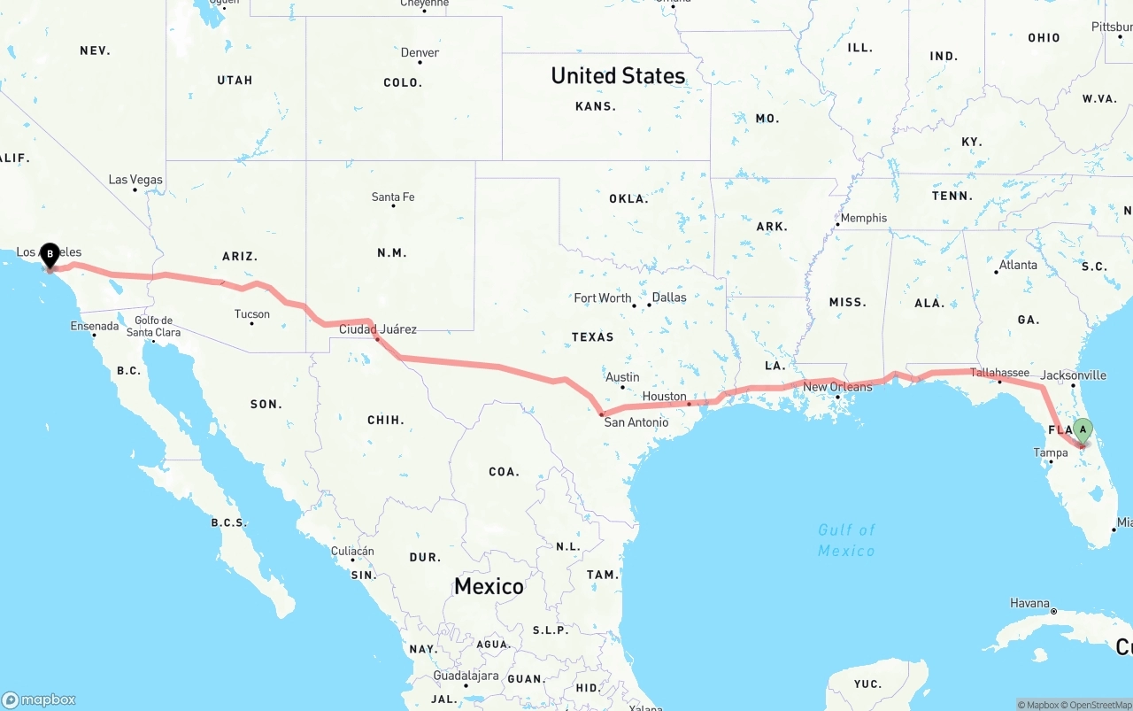 Shipping route from Orlando International Airport to Long Beach