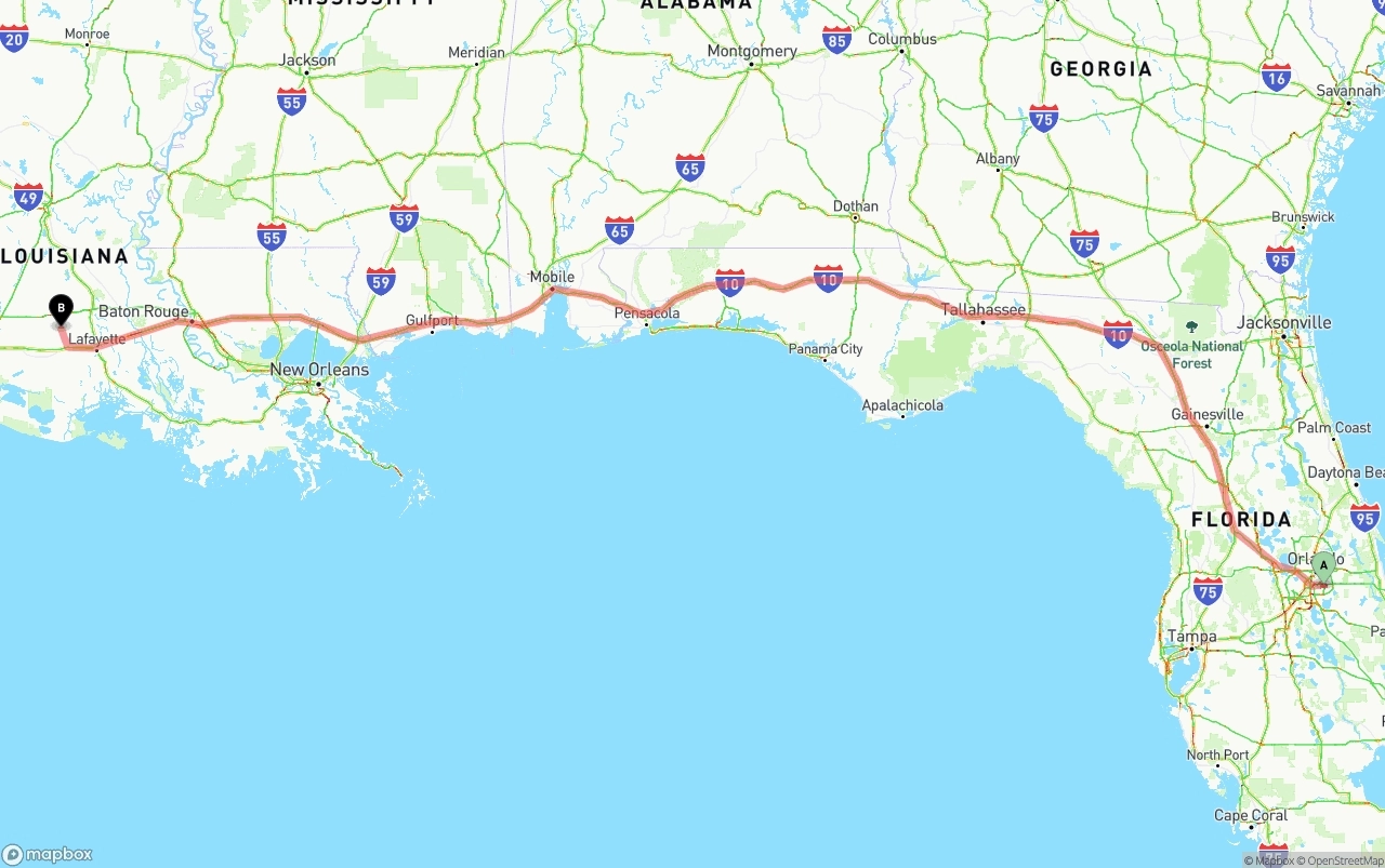Shipping route from Orlando International Airport to Louisiana