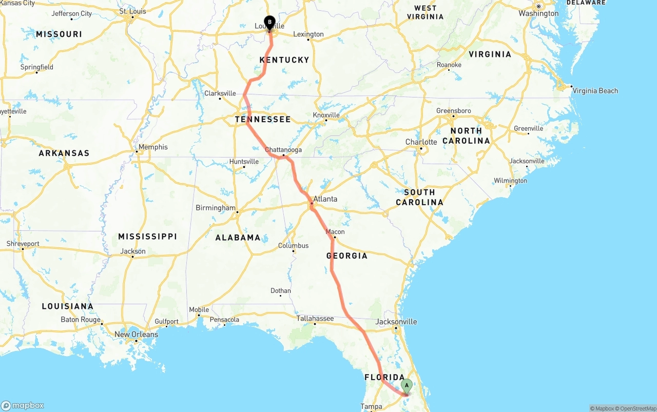 Shipping route from Orlando International Airport to Louisville