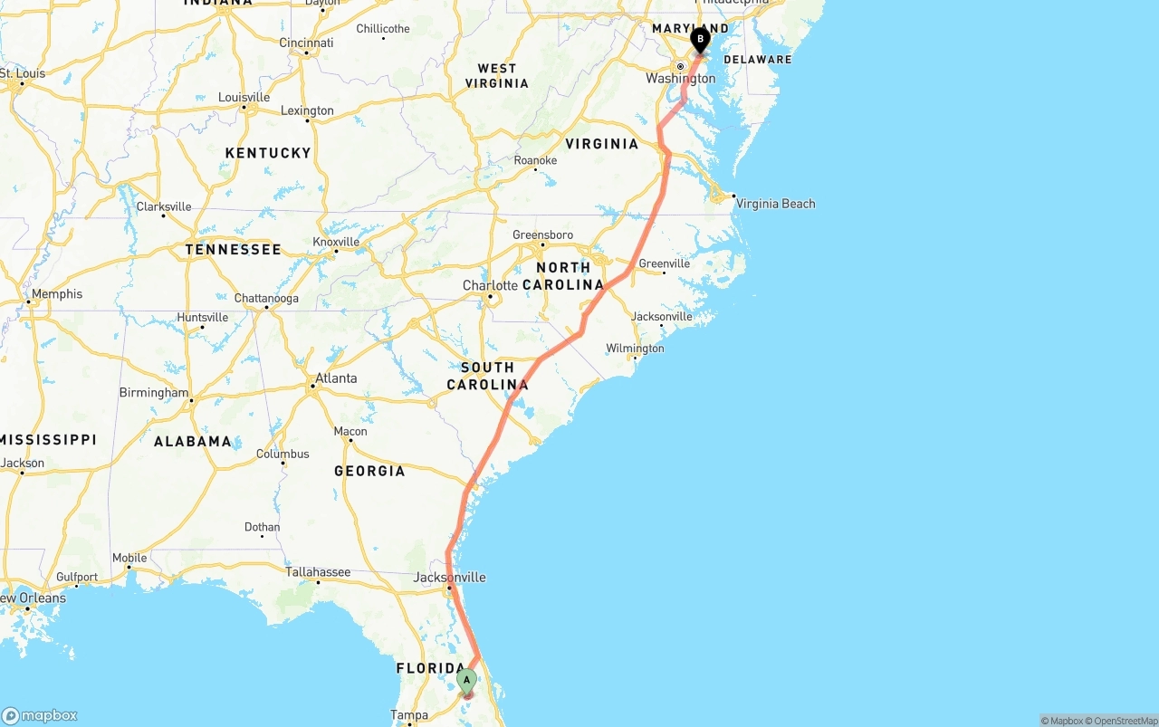 Shipping route from Orlando International Airport to Maryland