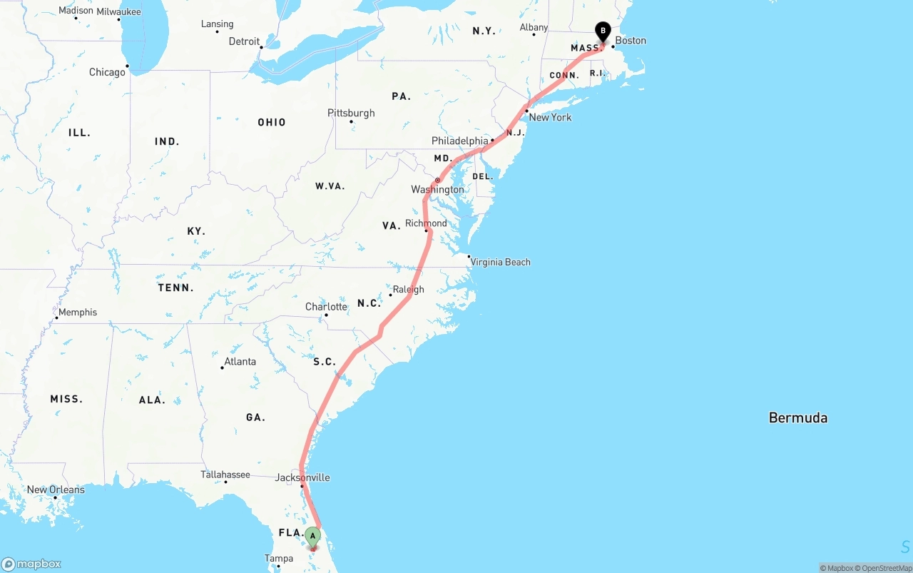 Shipping route from Orlando International Airport to Massachusetts