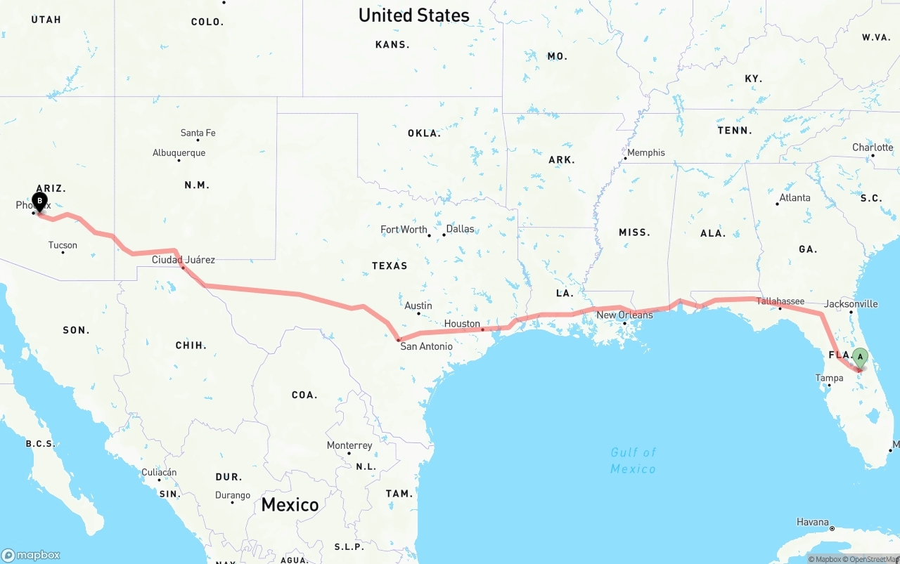Shipping route from Orlando International Airport to Mesa