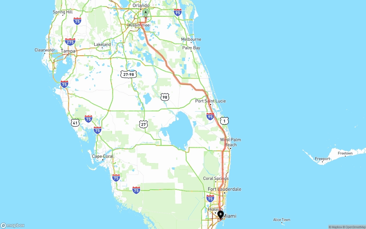 Shipping route from Orlando International Airport to Miami