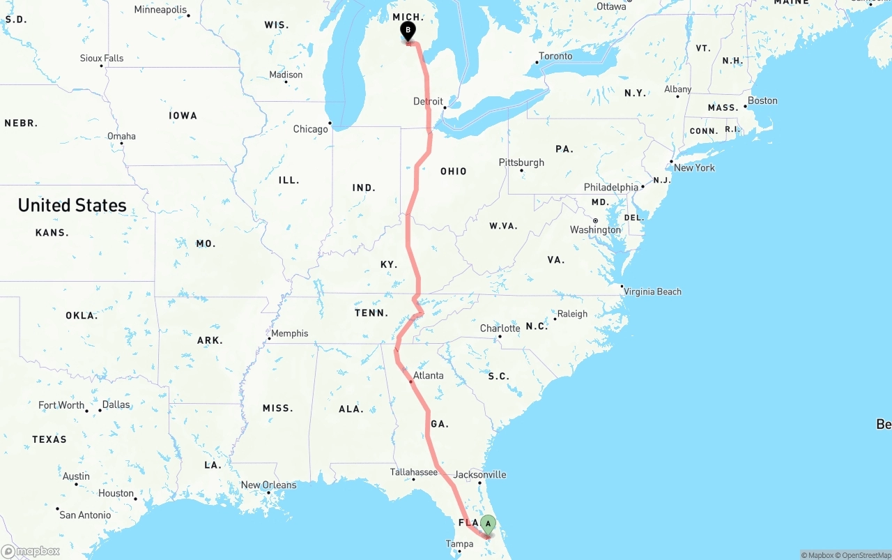 Shipping route from Orlando International Airport to Michigan